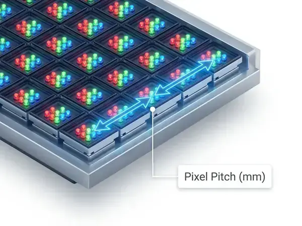 LED display pixel pitch explanation showing distance between LED pixels