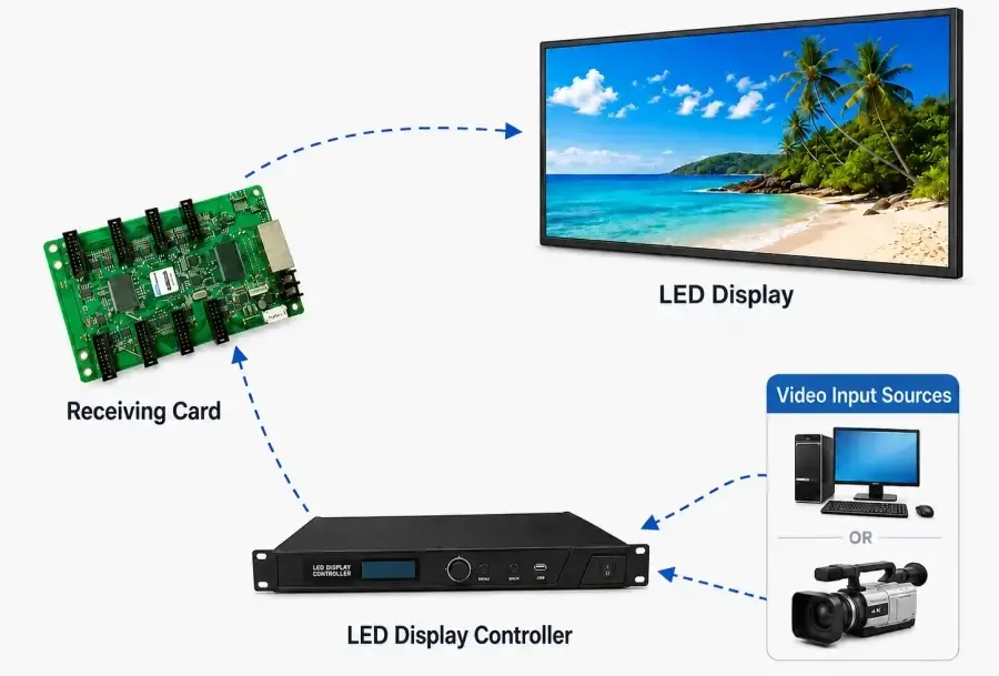 Digital LED display system working process from content source to LED controller, receiving card, LED modules, and final display output